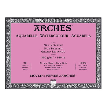 Arches Watercolor Block 9"x12", 140lb Hot Press, 20 Sheets