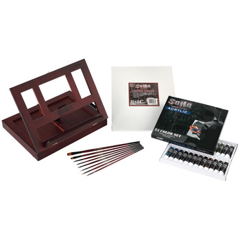 SoHo Portable Wood Table and Desk Easel Acrylic Painting Set, 36 Piece Painting Set
