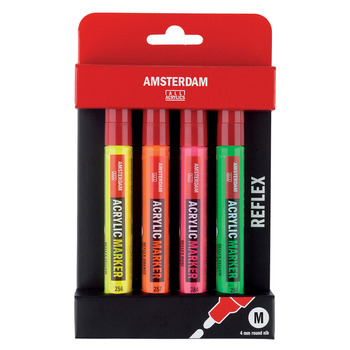 Amsterdam Acrylic Markers 4 mm Reflex Colors Set of 4 Reflex Yellow, Reflex Orange, Reflex Rose, and Reflex Green