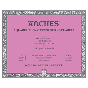 Arches Watercolor Block 16"x20", 140lb Hot Press, 20 Sheets Natural White