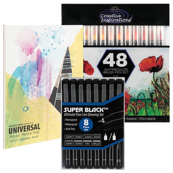 Creative Inspirations Watercolor Brush Pen Set of 48, Bundle + Pad + Super Black Pen Set