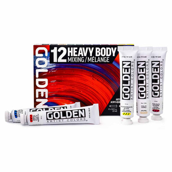 Golden Heavy Body Acrylic Mixing Set of 12 22ml Tubes + Gloss Liquid Glaze 2oz Bottle