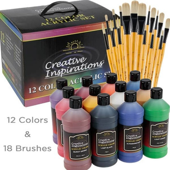 Creative Inspirations Mural Artist Acrylic Paints Set of 12, 16oz Bottles + 18 Brushes