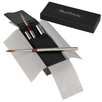 Mimik Kolinsky Synthetic Sable Short Handle Brush, Mini Wallet Set Of 4- Leather Case