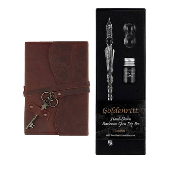 Opus 4 x 6 in Key Journal Dark Brown & Dip Glass Pen Set