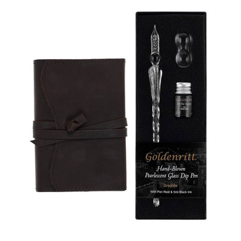 Opus 4 x 6 in Wrap Journal Espresso Black & Dip Glass Pen Set