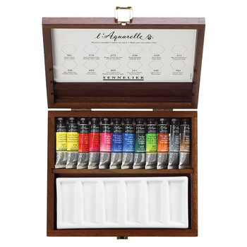 Sennelier L'Aquarelle French Artists' Watercolor Wood Box Set of 12 Colors, 10ml Tubes