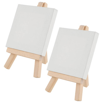 Ultra-Mini Set of 2 Easels w/ 2 Stretched Canvases 3x3" - Natural Easel