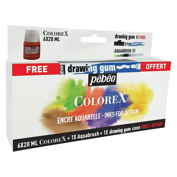 Pebeo Colorex Watercolor Ink Set of 6 Colors w/ Brush & Draw Gum, 20ml