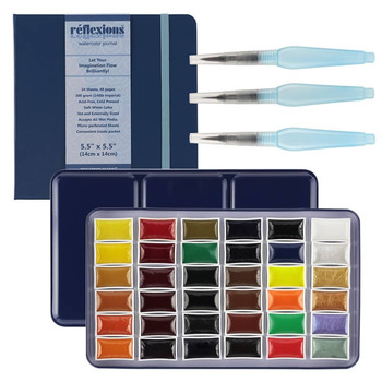 E-Z Lift 36 Whole-pan Watercolors Beginner Set, Brush Pens & Journal Combo
