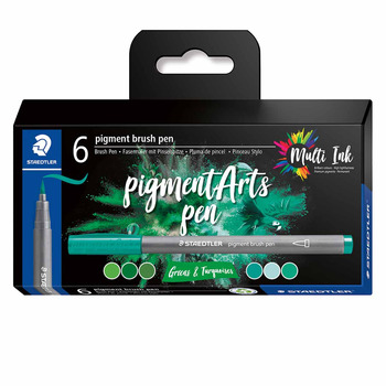STAEDTLER Pigment Arts Brush Pen Set of 6, Green & Turquoise