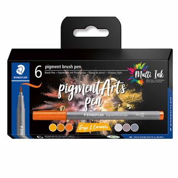 STAEDTLER Pigment Arts Brush Pen Set of 6, Greys & Caramels